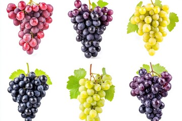 Set of grapes of different varieties and colors, isolated on a white background with generative ai