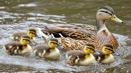 Poster -   A mother duck swims with her ducklings in a body of water with ripples on its surface