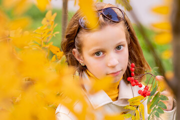 girl having fun on beautiful autumn day. cute girl with yellow leaves. Kid playing with fall golden leaves. Children hiking in forest. Toddler kid under a maple tree on a sunny October day.