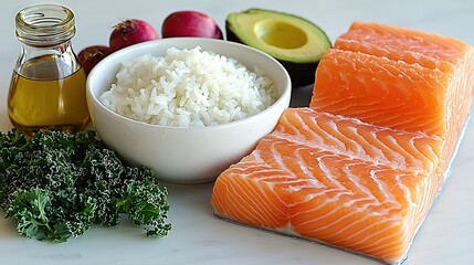   A bowl of rice, broccoli, avocado, and salmon on a table