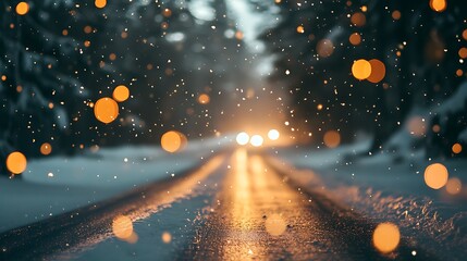 Abstract blurred background with bokeh lights, snow, and a dark road in a forest.