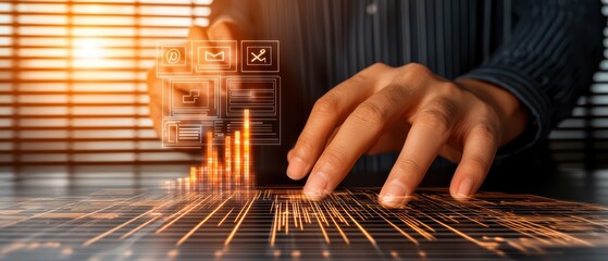 Poster - A business professional analyzing data trends with a digital interface, emphasizing technology and growth in the modern workplace.