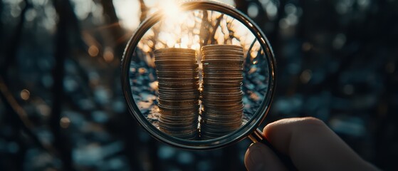 Poster - A close-up view of stacked coins through a magnifying glass, symbolizing investment and financial growth in a warm, golden light.