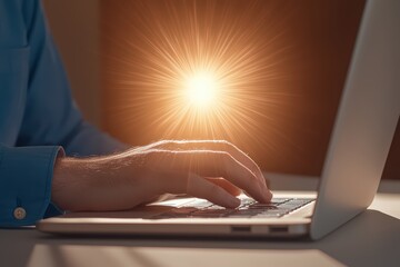 Poster - A focused individual typing on a laptop, with a warm glowing light symbolizing creativity and productivity.