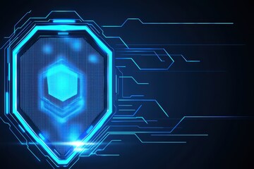 Poster - A futuristic blue digital shield representing cybersecurity and protection against online threats in a tech-inspired design.