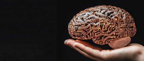 Poster - A futuristic representation of a brain held in a hand, symbolizing technology, innovation, and artificial intelligence.