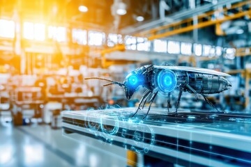 Poster - A futuristic robotic insect in a smart factory, showcasing advanced technology and innovation in automation and engineering.