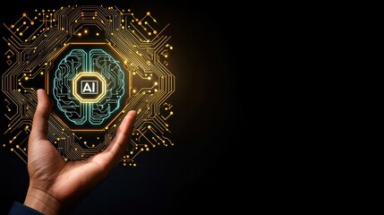 Poster - A hand holds a digital representation of AI technology, symbolizing innovation and future advancements in artificial intelligence.