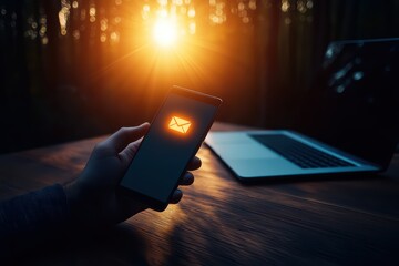 Poster - A hand holding a smartphone displaying an email icon, with a glowing sunset in the background and a laptop on a wooden table.