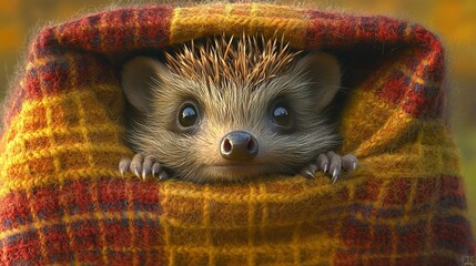 Canvas Print -  A hedgehog peeks out from under a blanket with its head emerging from its hole