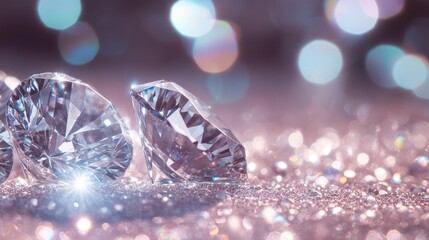 Sparkling diamonds resting on a glittering surface, with a beautiful bokeh effect in the background enhancing their brilliance and clarity with generative ai