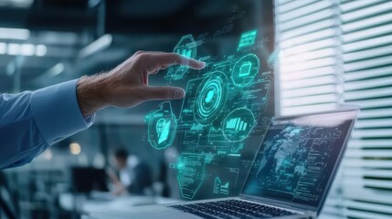 Poster - A hand interacts with a holographic interface above a laptop, showcasing modern technology and data visualization.