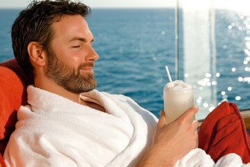 A man enjoys relaxation on a luxury cruise, sipping a refreshing drink while soaking in the scenic ocean view.