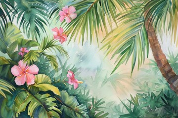 Wall Mural - Tropical Oasis: Hand-drawn Watercolor Illustration of Exotic Palm Tree and Oleander Shrub with Pink and White Flowers