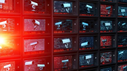 Poster - A modern surveillance setup featuring multiple security cameras and monitors with glowing digital displays in a high-tech environment.