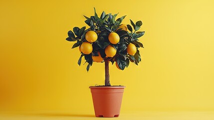 Wall Mural -   Orange tree in red pot on yellow background with oranges