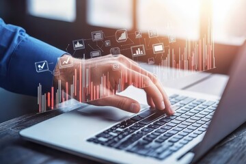 a person analyzes data on a laptop, illustrating technology and finance. digital graphs represent mo