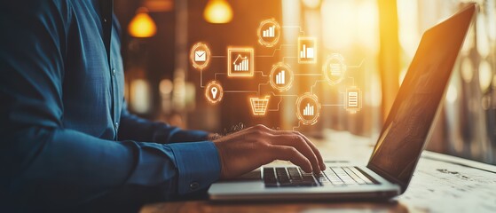 Poster - A person using a laptop with digital icons representing online shopping, data analysis, and technology in a cozy workspace.