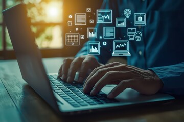 Poster - A person working on a laptop surrounded by digital icons representing technology and data management.