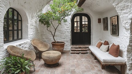 Sticker -   A cozy room featuring a couch, chairs, and a potted tree in front of a sleek black door and vibrant windows