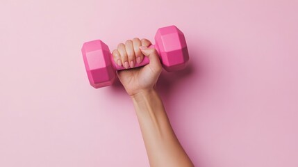 A close-up of a female hand, holding a pink dumbbell against a pastel pink background.