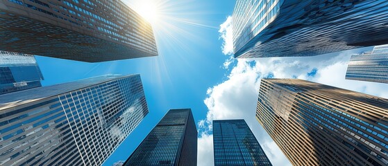 A stunning view of skyscrapers under a bright sun, showcasing modern architecture against a blue sky with fluffy clouds.