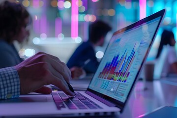 In an office meeting, a group analyzes financial results displayed on a laptop, pointing to key data on the graph and chart.