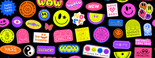 Poster - Cool Y2k Seamless Pattern Vector Design. Retro Groovy Stickers Collage Background. Pop Art Patches Backdrop Illustration.