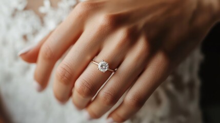 Close-up of a woman's hand showcasing an elegant diamond engagement ring, highlighting its brilliance and delicate setting.