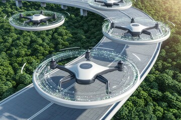 Wall Mural - Futuristic drones flying over a modern highway amidst lush greenery, showcasing advanced technology and sustainable transport solutions.