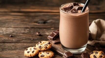 Wall Mural - Close-up of a homemade chocolate smoothie (milkshake) and cookies on a rustic wooden table