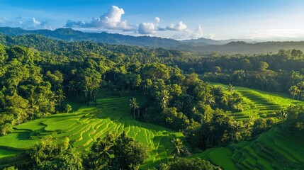 Lush green rice terraces under a clear blue sky, showcasing the beauty of nature in a serene landscape.