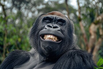 close-up of smiling gorilla in lush forest