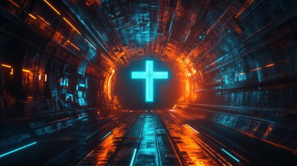 Aufkleber - A glowing blue cross illuminates a futuristic tunnel, blending vibrant orange and blue hues in a dynamic, abstract setting.