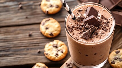 Wall Mural - Close-up of a homemade chocolate smoothie (milkshake) and cookies on a rustic wooden table