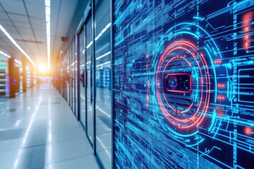 Poster - Modern data center interior with glowing digital interfaces, showcasing advanced technology and secure server architecture.