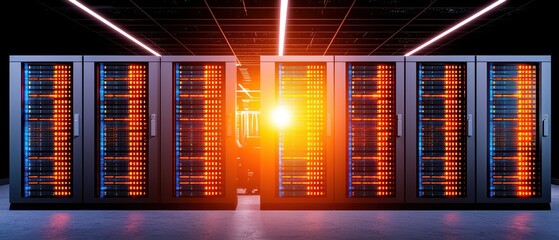 Poster - Modern data center with glowing server racks showcasing advanced technology and vibrant lights in a sleek environment.