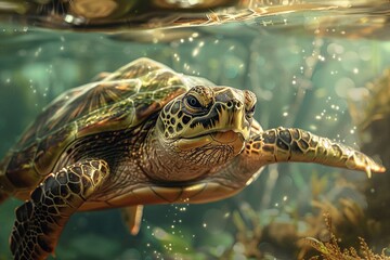 Underwater close-up of sea turtle swimming in sunlit tropical waters