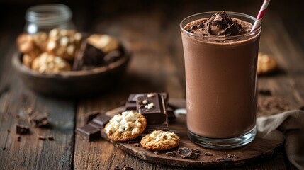 Close-up of a homemade chocolate smoothie (milkshake) and cookies on a rustic wooden table