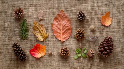 Poster - Various autumn leaves, pinecones, and natural elements are artistically arranged on textured burlap fabric.