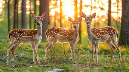 Poster -   A trio of deer grazes in a verdant forest surrounded by towering trees