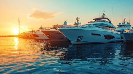 Wall Mural - Luxury yachts docked at sunset, reflecting the orange and blue hues on calm waters.