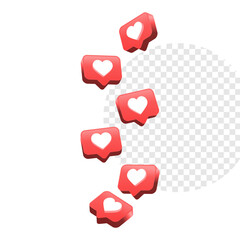 Wall Mural - Heart in 3d speech bubble icon background. like heart social media notification icons 3d modern, love like chat bubbles social network post reactions - favorite hearts, 3d render vector illustration