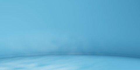Poster - Blue minimalist curved studio for product presentation. Empty room with shadows of palm leaves. 3d room background with copy space. 3d render illustration