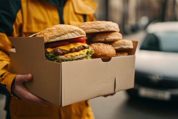 Two boxes with fast food are carried by a uniformed delivery man for one of the clients with generative ai