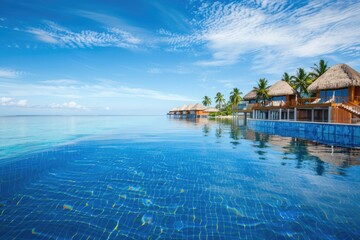 Poster - A resort featuring thatched huts overwater, perfect for relaxation or adventure