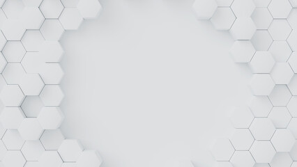 Aufkleber - White hexagons with random size on white backdrop. A place for text in the center hole. Abstract 3d render illustration geometrical concept background.