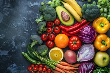 Poster - A selection of colorful fruits and vegetables arranged on a table, perfect for use in food-related concepts or lifestyle photography