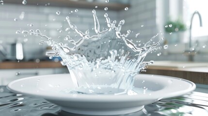 Poster - A close-up view of a white bowl with water overflowing and splashing out
