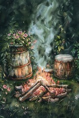 Poster - A burning fire in a forest, suitable for uses such as environmental or wilderness themes
